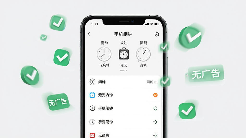 一张展示手机闹钟应用无广告清爽界面的图片,画面中央是一部手机,屏幕显示闹钟列表,背景是干净的浅灰色,手机周围漂浮着几个绿色的对勾图标和“无广告”标签,风格简洁明快,画质清晰,无多余元素,图片中带有文字“手机闹钟”
