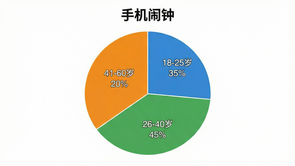 一张展示不同年龄段用户对手机闹钟评价占比的饼状图,画面中央是一个圆饼图,分为三个扇形区域,分别标注“18-25岁 35%”、“26-40岁 45%”、“41-60岁 20%”,背景是简洁的白色,风格商务清晰,画质干净,无多余元素,图片中带有文字“手机闹钟”