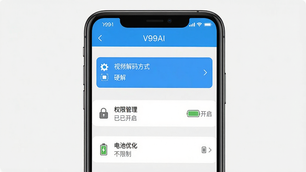 һ��չʾV99AI�������ý����ʾ��ͼ�������������ֻ���Ļ����Ļ����ʾV99AI�����ò˵����˵����������Ƶ���뷽ʽ��������ѡ�С�Ӳ�⡱����Ȩ�޹�������ʾ�ѿ�����������Ż�����ʾ�������ơ��������������ϵ������У����ƫ����ʵApp���ý��棬ϸ����ÿ���˵����Ա߶���Сͼ��˵�������ֱ�ע��V99AI���ڶ��������ʸɾ�����������Ϊǳɫ���޶���Ԫ��