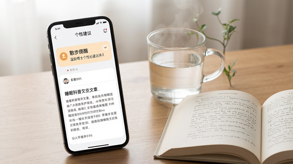 һ�䲩ʿ���Ի�����ҳ�棬�ֻ���Ļ��ʾһ����ܰ��ɢ������֪ͨ��һƪ˯�߿�������ժҪ���Ա߷���һ����ˮ��һ���򿪵��飬��񰲾����ʣ�������͸ɾ�