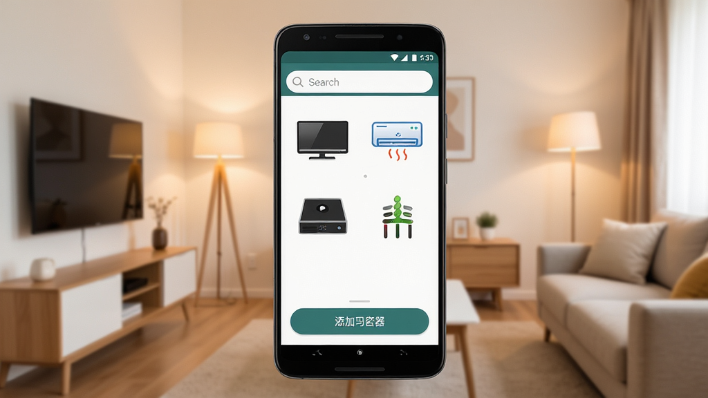 һ��չʾ����ң��App���Ĺ��ܵ��ֻ������ͼ������������һ����׿�ֻ�����Ļ��ʾ����ң��App�������棬���涥�����������м��ǵ��ӡ��յ��������еȼҵ�ͼ�꣬�ײ�������ң������ť����������ܰ�ļҾӻ���������ִ���࣬���������ɾ����޶���Ԫ��