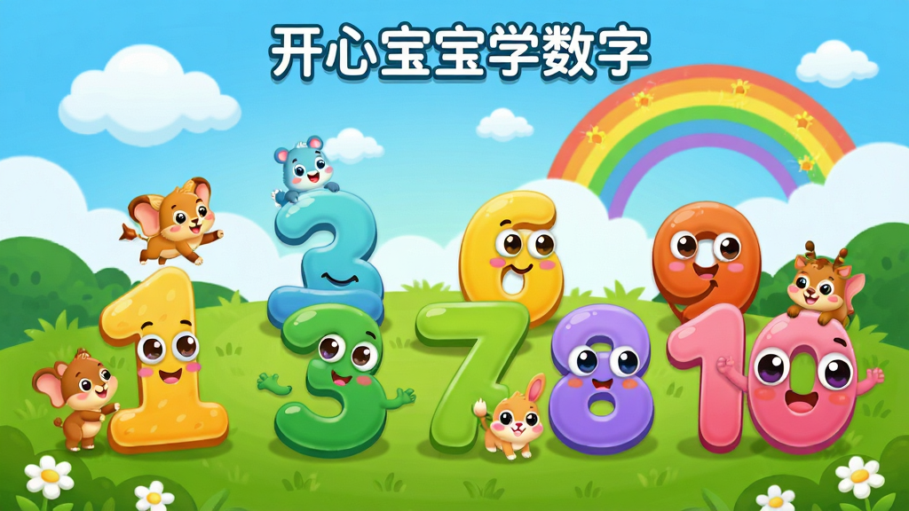 ���ı���ѧ���� �׶���������App������չʾ������������һ��ɫ������Ŀ�ͨ������԰�������о޴�Ĳ�ɫ����1��10ɢ���ڲݵ��ϣ�ÿ�����ֶ��пɰ��Ĵ��۾���΢Ц���飬��Χ�п�ͨС�����������Ա���ˣ��������������ƺͲʺ磬���岼��������������ʾ�������ơ����ı���ѧ���֡�������Ƕ�ͯ�廭�磬Բ��ɰ������ʸɾ��������޶���Ԫ��
