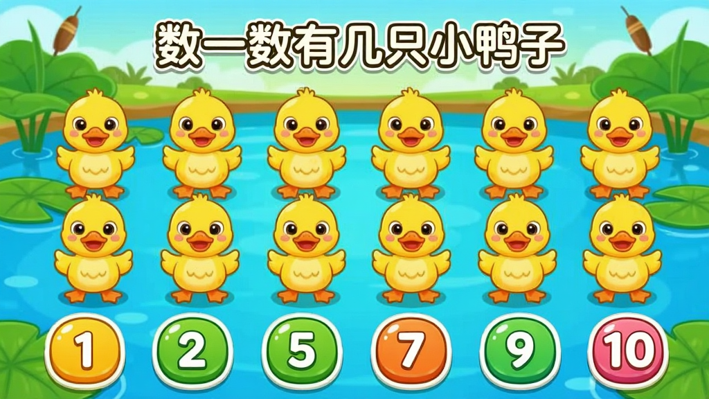 ���ı���ѧ���� ����������Ϸ���棬��������һȺ��ͨСѼ���ų����ţ���Ļ�Ϸ���ʾ����һ���м�ֻСѼ�ӡ����·������ְ�ť1��10����������������ͨ�磬�����ǳ����ͺ�Ҷ��ɫ�����ޣ����ּ�࣬���ʸɾ����޶���Ԫ��