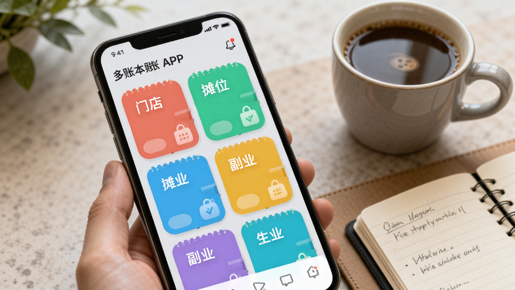 �������APP���˱��������棬����չʾһ���ֻ���Ļ����Ļ�ڳ��ֶ����ɫ�˱���Ƭ��ÿ����Ƭ��ע��ͬ�����������ŵꡢ̯λ����ҵ����Ƭ���Բ�󣬱���Ϊǳ��ɫ���ֻ��Է���һ�����Ⱥ�һ���ʼǱ�����������������񣬻��������ɾ�