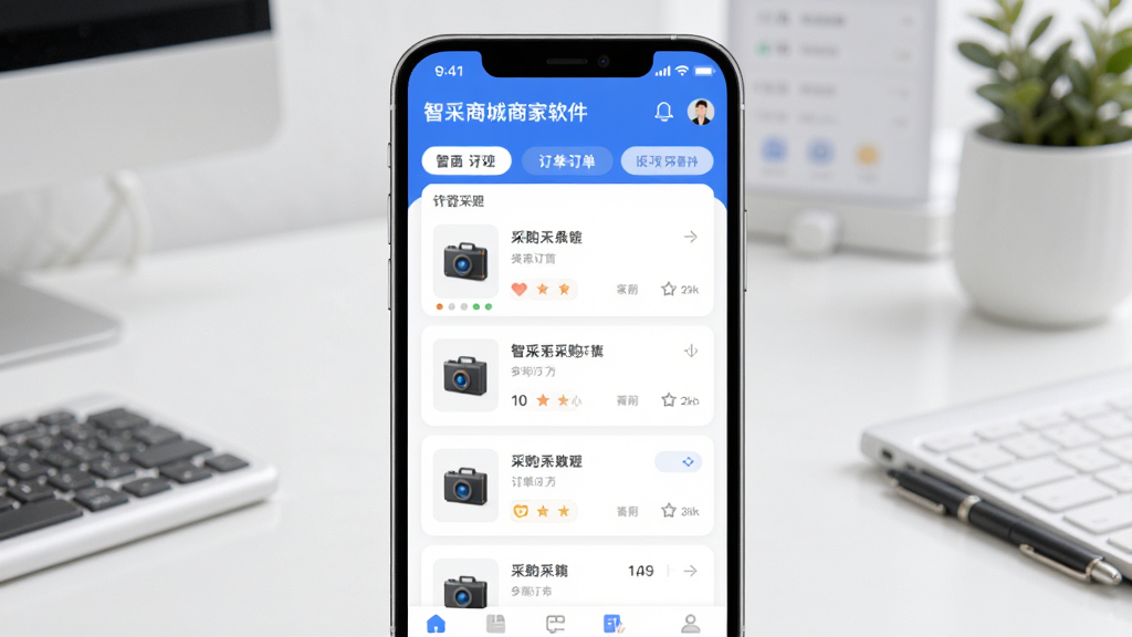 �ǲ��̳��̼Ұ������������ͼ�������������ֻ���ĻչʾAPP��ҳ������������İ칫���棬��Ļ����ʾ��Ʒ�ɹ��б��Ͷ������ݿ��壬��ɫ��Ϊ��ɫ�Ͱ�ɫ����������������ִ���Լ��ϸ��Բ�󣬻��ʸ���ɾ��޶���Ԫ��