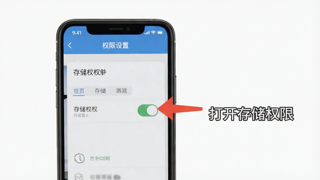 VR���羰�� ʹ�ý̳�ʾ��ͼ���ֻ���Ļ��ʾȨ�����ý��棬��ͷָ��洢Ȩ�޿��أ��Ա�������˵�����򿪴洢Ȩ�ޡ�������࣬�����������޶���Ԫ��