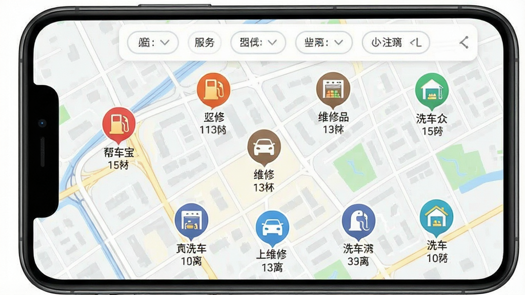 һ�š��ﳵ����App�ĸ��������Ƽ�����ͼ���������ֻ���Ļ����Ļ����һ�ų��е�ͼ����ͼ��ɢ���Ŷ������ͼ�꣬�����վ��ά�޵ꡢϴ������ÿ��ͼ���·��е����;��롣����Ϊ��ͼ������Ļ��������ɸѡ�����Ű�ֱ�ۣ���ϢһĿ��Ȼ������ǵ��͵�LBS��ͼӦ�÷��ϸ����ͼ����Ƽ���ױ档�����������ɾ����޶���Ԫ�ء�