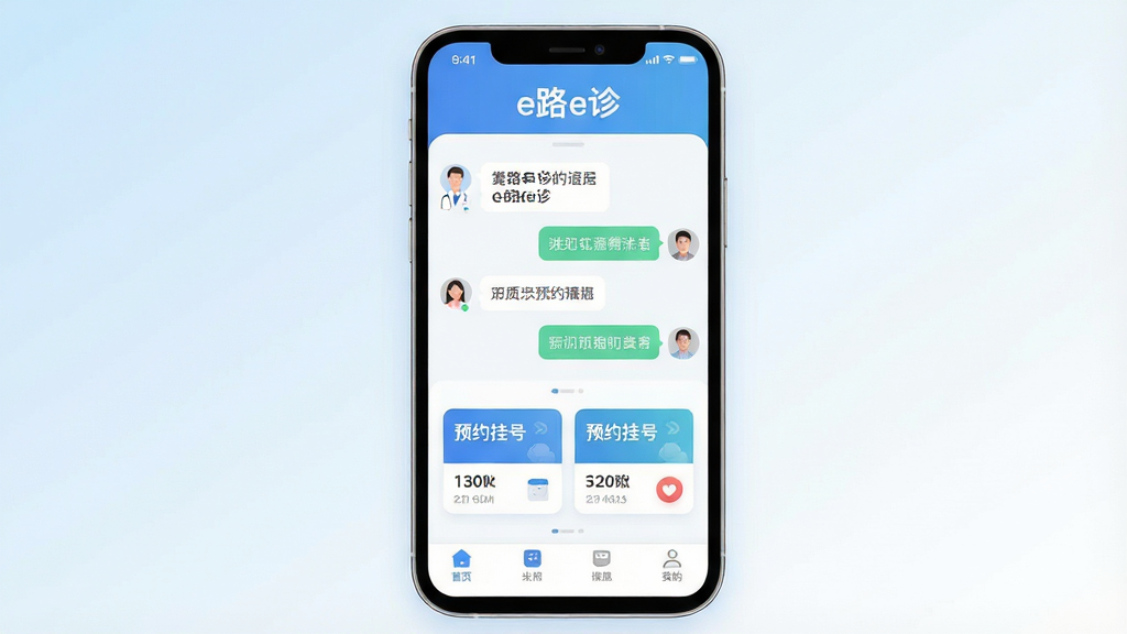 һ��չʾ��e·e�App���Ľ�����ֻ�����ͼ�������������ֻ���Ļ����Ļ����ʾApp�����棬�����С�e·e����ֱ�ʶ���м�����չʾҽ���뻼�����ֹ�ͨ�Ի����ԤԼ�Һſ�Ƭ���ײ��е����������岼�ּ������������ִ���ƽ����ϸ��Բ�󣬻��ʸɾ��޶���Ԫ�أ�����ͻ�����Ű����ʣ�����Ϊǳ������ɫ����ͽ��䣬����������UI��Ƹ�ǿ��������װ��