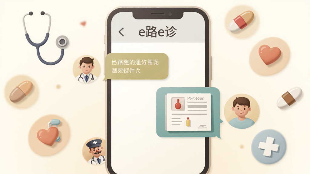 һ��AI���ɵĲ廭������������һ�������ֻ�����Ļ����ʾ��e·e���������棬�����ҽ��ͷ����������ݣ��Ҳ��ǻ���ͷ���һ�Ż��鵥ͼƬ���ݣ��ֻ���ΧƯ������������ҩ�衢���ĵ�ҽ��Ԫ��ͼ�꣬���־��У��Ű�Գƣ������ů��ƽ����ϸ����ͣ����ʸɾ�����������Ϊǳɫ���䣬�޶���Ԫ��