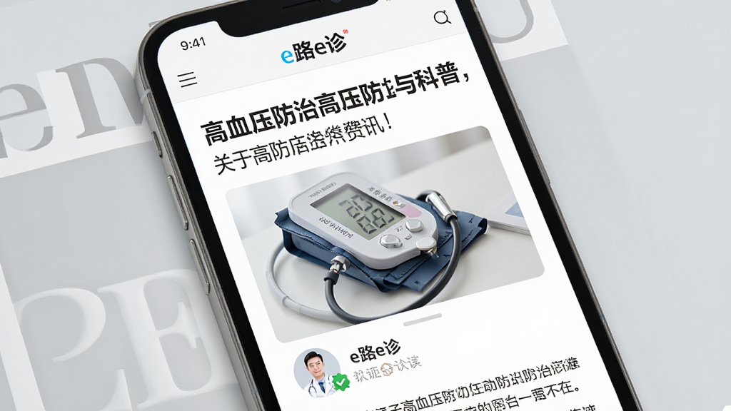 һ��AI���ɵ��Ķ�����ͼ�����������ǡ�e·e�App����Ѷҳ�棬��Ļ����ʾһƪ���ڸ�Ѫѹ���εĿ������£�������������ͼ��һ��Ѫѹ�Ƶ���Ƭ�������·���ҽ��ͷ�����֤��ʶ�����ֲ�����־ʽ�Ű棬�������רҵ��ϸ�ڷḻ�����ʸɾ�������Ϊǳ��ɫ���޶���Ԫ��