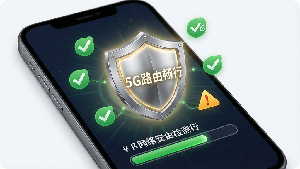 һ��չʾ5G·�ɳ��а�ȫ�������ܵ�ͼƬ���������ֻ���Ļ��ʾ����ͼ������簲ȫ�������������������Ƿ���Ķ��ƣ���Χ������ɫ�Թ��;����ʶ���Ű������������ȫ�ɿ��Ӿ��У�ϸ���϶����н����ʸУ���Ч��ͣ����������ɾ����޶���Ԫ�أ�ͼƬ�����ְ�����5G·�ɳ��С�