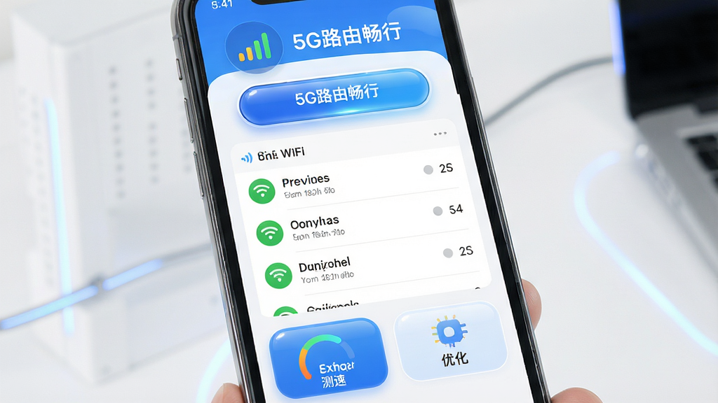 һ��չʾ5G·�ɳ����������Ľ����ͼƬ���������ֻ���Ļ��ʾ���������棬�����Ϸ��������ź�ǿ��ͼ������Ӱ�ť���м��ǿ���WiFi�б����·��ǲ��ٺ��Ż�������ڣ��Ű�����ֱ�ۣ�������ִ��Ƽ��У�ϸ���ϰ�ťԲ���й��󣬻��ʸ���ɾ����޶���Ԫ�أ�ͼƬ�����ְ�����5G·�ɳ��С�