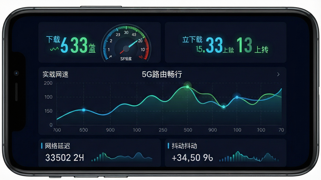 һ��չʾ5G·�ɳ����������Ǳ��̵�ͼƬ���������ֻ���Ļ��ʾ�ٶ��Ǳ��̺�ʵʱ��������ͼ�������Ϸ�����Ŀ�������ϴ���ֵ���м��Ƕ�̬����ͼ���·��������ӳٺͶ������ݣ��Ű�Գƹ��������ƫ�����ݿ��ӻ��Ǳ����ϸ�������ַ�������������ƽ�������������ɾ����޶���Ԫ�أ�ͼƬ�����ְ�����5G·�ɳ��С�