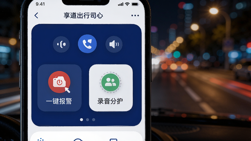 ��������˾��APP�İ�ȫ���Ľ��棬��Ļ����ʾ�š�һ�������������г̷���������¼����������ͼ�갴ť������������ɫ�Ͱ�ɫΪ��ɫ����������ҹ�����е�·���黯��ߣ������Χ���˰�ȫ�У�����������ϸ��Բ��
