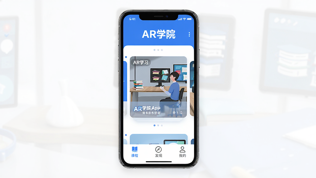һ��չʾARѧԺApp��������ͼƬ�������������ֻ���Ļ����Ļ����ʾARѧԺ����ҳ��������ARѧԺ�������м���ARѧϰ������Ԥ����Ƭ���ײ�Ϊ�γ̡����֡��ҵ�����ѡ������岼������������ִ���࣬������ɫΪ�������ʸɾ����޶���Ԫ��