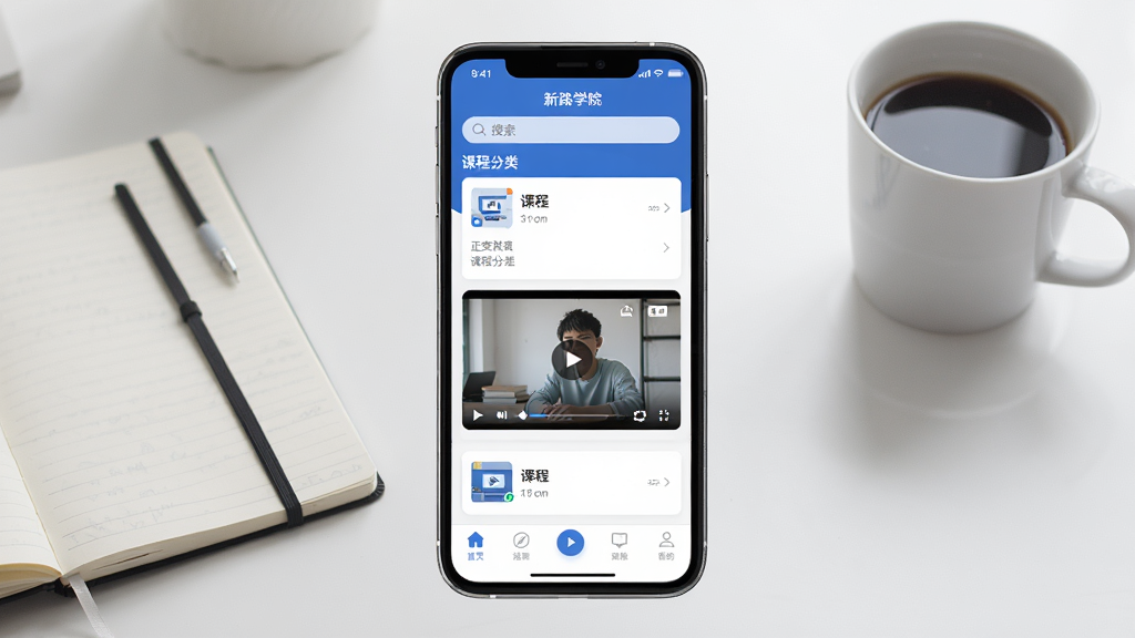 һ��չʾ����·ѧԺ��App���Ľ�����ֻ�����ͼ���ֻ���Ļ����ʾ�γ̷����б������ڲ��ŵ���Ƶ�γ̣���������ɫ�Ͱ�ɫΪ��ɫ�������������������ײ��е������������Ǽ��������������Ա߷��űʼǱ��Ϳ��ȱ����������ִ����£�ϸ�����������ʸɾ��޶���Ԫ��