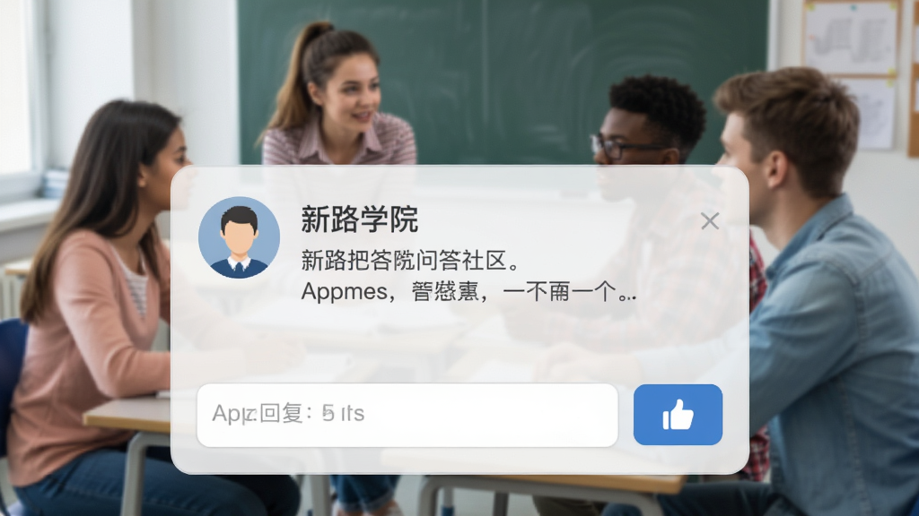 һ��չʾ����·ѧԺ��App�ʴ����������ͼƬ����������ʾ�û�ͷ����������ݣ��·��лظ���͵��ް�ť��������ɫ��ǳ�Һ���ɫΪ���������ǽ��ҳ�������ѧ�������ۣ���������죬���ʸɾ��޶���Ԫ��