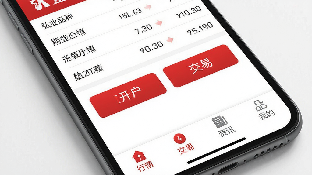һ���ֻ���Ļչʾ��ҵ�ڻ�App�������棬������Ƽ�࣬�Ժ����ɫΪ����������ʾ�ڻ�Ʒ�������б����м������۵Ŀ����ͽ��װ�ť���ײ������顢���ס���Ѷ���ҵ��ĸ���ǩ�����������ִ�רҵ�����������ɾ����޶���Ԫ��