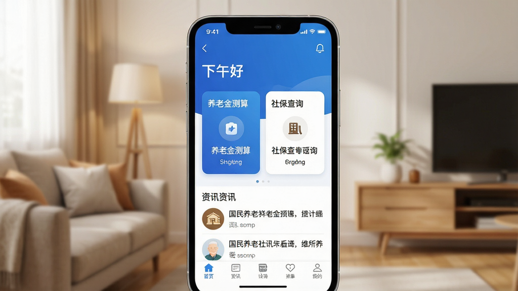 һ���ֻ���Ļ��д����Ļ������ʾ���������ϡ�App�������棬�����������ɫ�Ͱ�ɫΪ��ɫ�����������ʺ������á����м������Ͻ������籣��ѯ������Ƭ��ť���ײ�����Ѷ�б��͵���������������ܰ�ļҾӻ���������ִ���࣬���������ɾ����޶���Ԫ�ء�