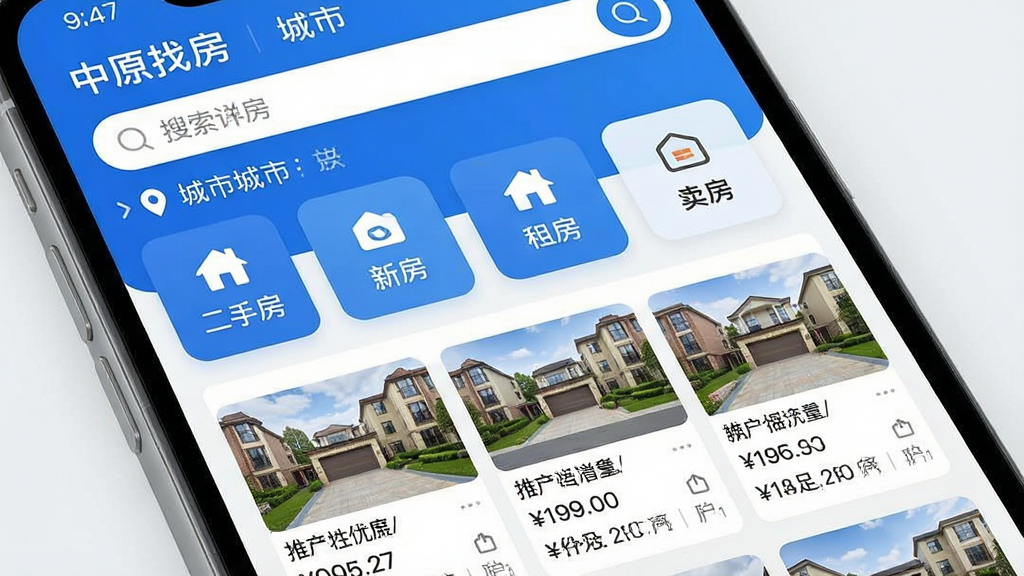 一张手机屏幕展示“中原找房”App主界面的图片,界面顶部是搜索框和城市定位,中间是二手房、新房、租房、卖房等核心功能入口图标,下方展示推荐房源列表,每套房源配有实景图、小区名称、价格和户型信息,整体布局清晰,风格现代简约,以蓝白配色为主,画质干净明亮,无多余元素。