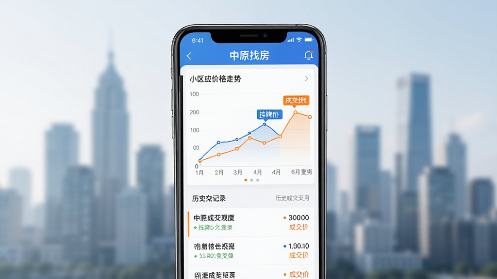 一幅AI生成的图片,画面展示“中原找房”App内的房价行情页面,手机屏幕中央是一条小区价格走势折线图,下方有历史成交记录列表,图表颜色以蓝色和橙色区分挂牌价与成交价,界面干净整洁,背景是模糊的城市建筑剪影,风格商务简约,画质清晰,无多余文字和元素。