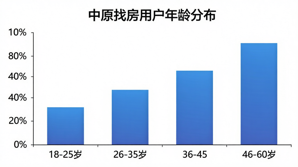 一张柱状图图片,展示“中原找房”用户年龄分布,横轴为年龄段18-25岁、26-35岁、36-45岁、46-60岁,纵轴为用户占比百分比,柱子颜色为蓝色渐变,图表标题为“中原找房用户年龄分布”,背景白色,风格简洁商务,画质清晰,无多余元素。