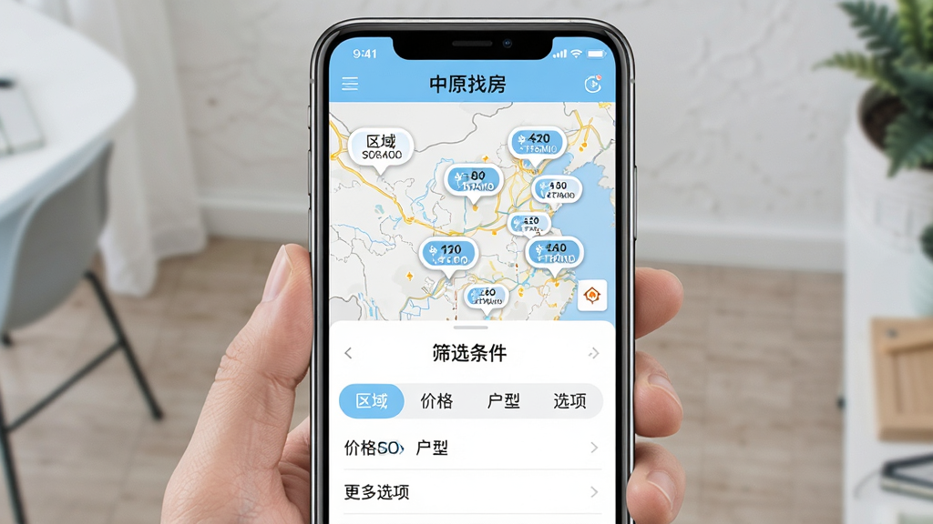 一幅AI生成的图片,画面展示“中原找房”App的使用教程界面,手机屏幕分为上下两部分,上半部分是地图找房功能演示,地图上标注了多个房源价格气泡,下半部分是筛选条件面板,包含区域、价格、户型、更多选项等标签,整体风格清爽直观,配色以白色和浅蓝色为主,画质干净,无多余元素。