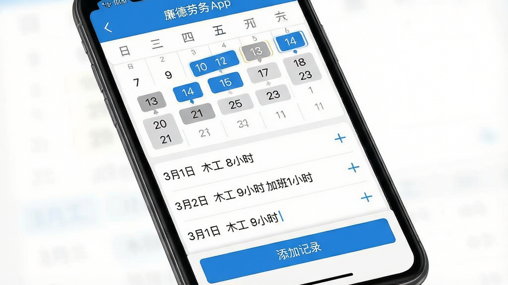 һ��չʾ��������App�ǹ�С���ߵ��ֻ�����ͼ���������ֻ���Ļ����ʾ��������ļǹ�ҳ�棬�Ϸ���������ͼ����ע�˲�ͬ���ڵĹ�ʱ���·���һ���б�����¼�š�3��1�� ľ�� 8Сʱ������3��2�� ľ�� 9Сʱ �Ӱ�1Сʱ������Ŀ���ײ��С����Ӽ�¼����ť�����ֹ����������ǰ�ɫ�������ʵ�ù�������ƣ�ϸ����������������ɫ�����׻�Ϊ��������Ҫ����塢�ɾ����޶���װ�Ρ�