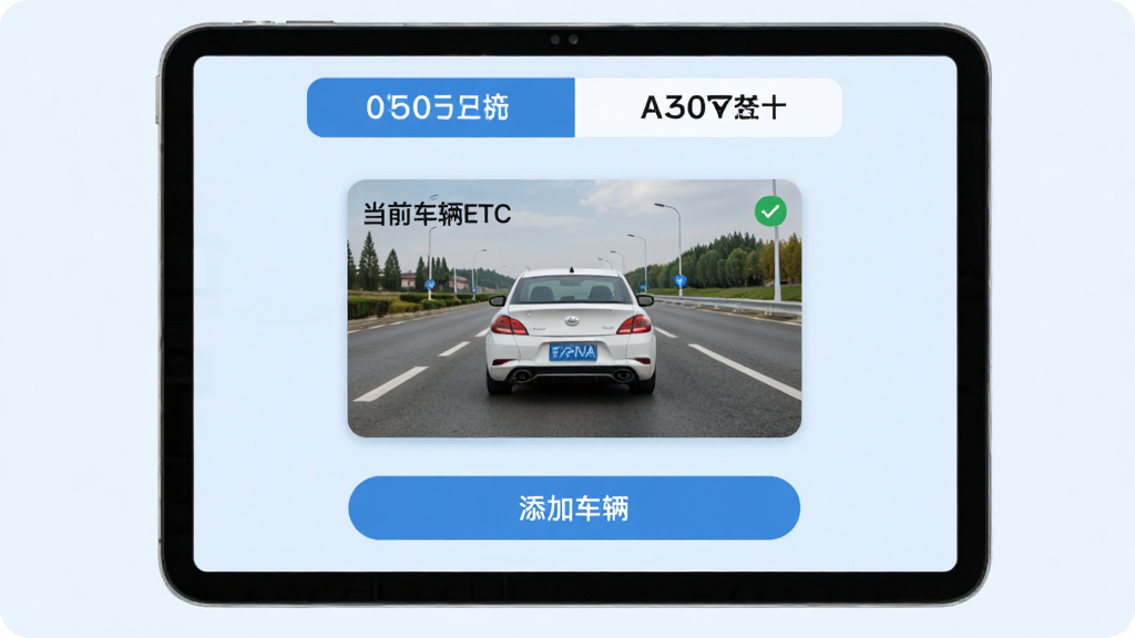 ������ETC�೵�������棬������ʾ�������ƺ��л���ǩ���м��ǵ�ǰ������ͨ�п�Ƭ���ײ��С����ӳ�������ť������ǳ��ɫ����������������ִ������ʸ��壬�޶���Ԫ��