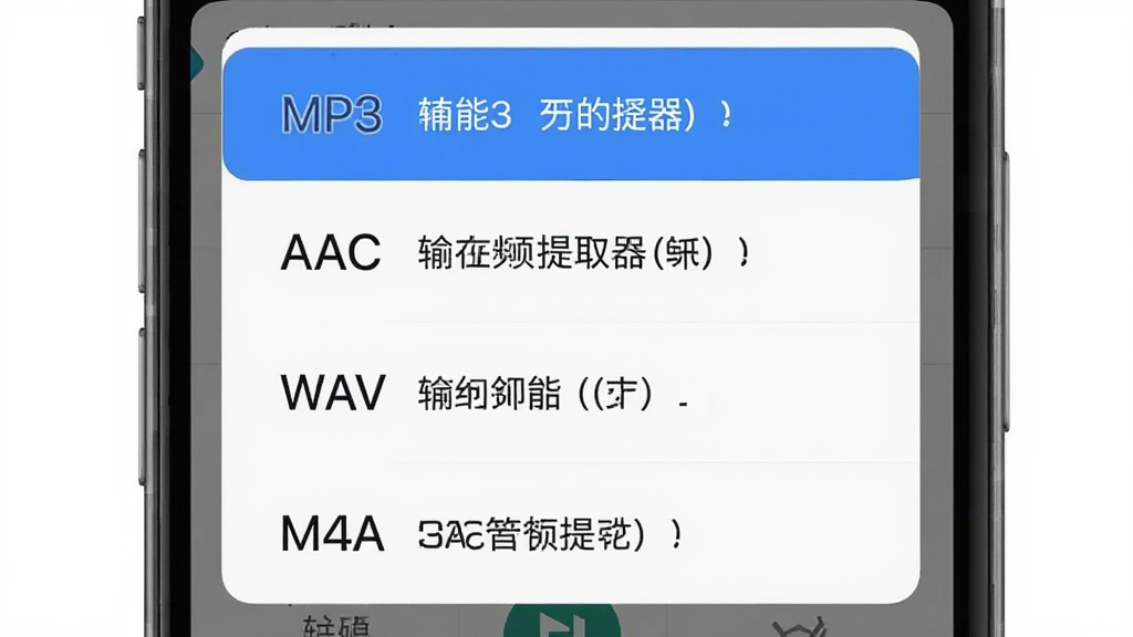������Ƶ��ȡ�������ʽѡ����棬�������ֻ������˵���ʾMP3��AAC��WAV��M4A�ĸ�ѡ�����Ϊ��ֱ�б����У�ÿ��ѡ���Ա��и�ʽ˵�����֣��Ű������������ˬ��ƽ��ϸ����ѡ���������ʾ�����ʸ���ɾ��޶���Ԫ��