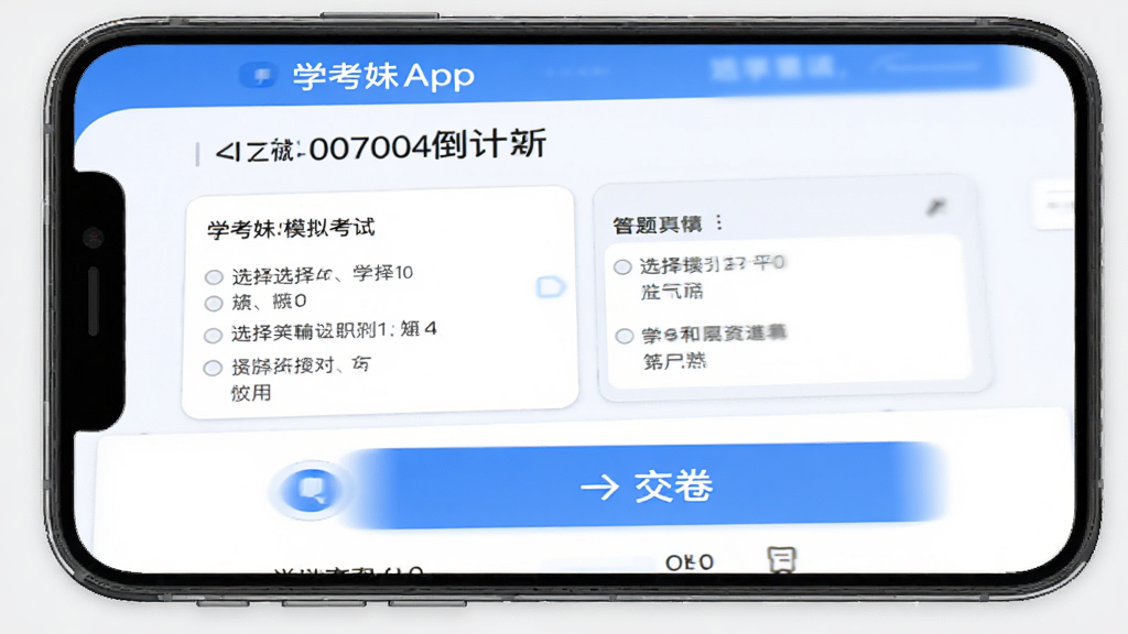 ѧ����Appģ�⿼�Խ��棬�ֻ���Ļ��ʾ���Ե���ʱ�ʹ��⿨����ĿΪѡ���⣬�ײ��н�����ť�����������൫��ѹ�֣�������ɫ�����ʸɾ������޶���Ԫ��