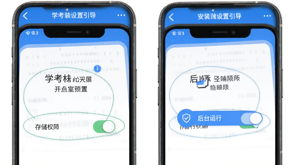 ѧ����App��װ�����������棬�ֻ���Ļ��ʾȨ�޿�������ʾ��ͼ�������洢Ȩ�޺ͺ�̨����Ȩ�޵Ŀ��ذ�ť������������ֱ�ۣ�������ɫ�����ʸɾ��޶���Ԫ��