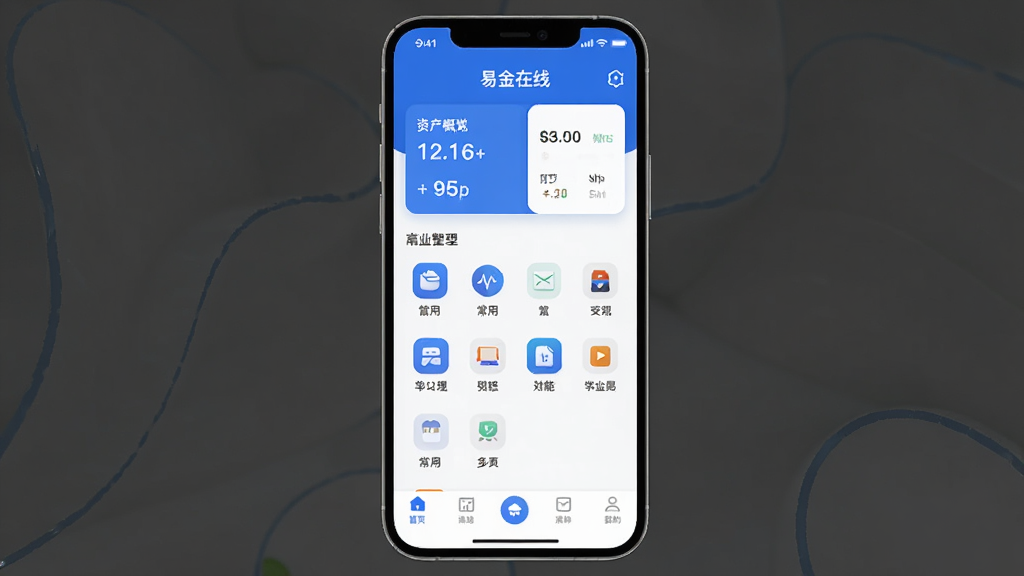 �ֻ���Ļչʾ���׽����ߡ�Ӧ�������棬����Ϊ������ɫ���ڹ���APP�����ֶ�����ʾ�ʲ�������Ƭ���м����г��ù���ͼ�꣬�ײ�Ϊ���������Ű�������������ִ���ƽ����ϸ��Բ�󣬻��ʸɾ��޶���Ԫ��