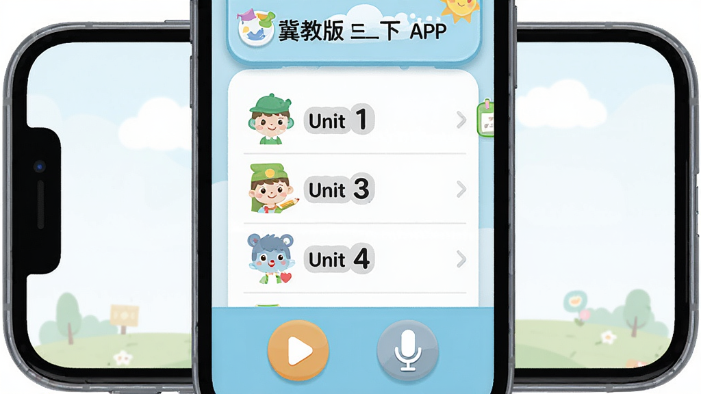 һ��չʾ���̰�Ӣ������APP���Ľ����ͼƬ���������ֻ���Ļ����Ļ����ʾ���̰����꼶�²�Ӣ��α��ĵ�ԪĿ¼���Ű���������Unit 1��Unit 4���б����ײ��в��ź���˷�ͼ�꣬���������ͯȤ�ı�ƽ����ƣ�ϸ��Բ�󣬻��ʸɾ��޶���Ԫ��