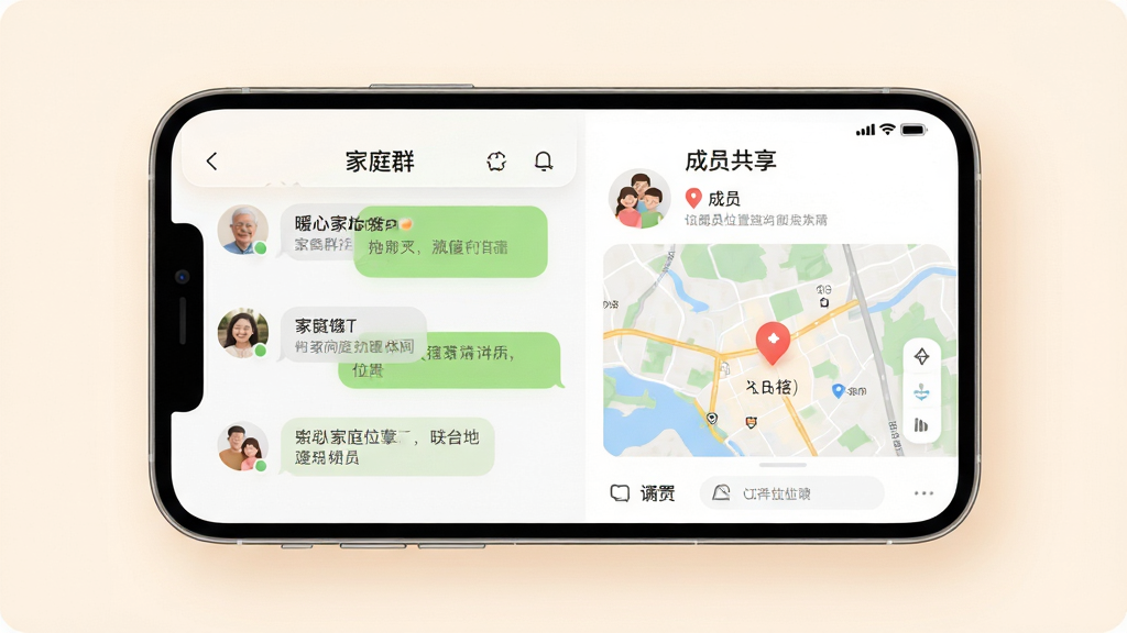 һ��չʾ��ů�ļ�ͥ��App���Ľ�����ֻ�����ͼ�������������ֻ���Ļ����Ļ����ʾ��ͥȺ������ͳ�Աλ�ù�����ͼ�����ּ�࣬�Ű������������ܰ�ִ���ϸ��Բ�󣬻��ʸɾ��޶���Ԫ��