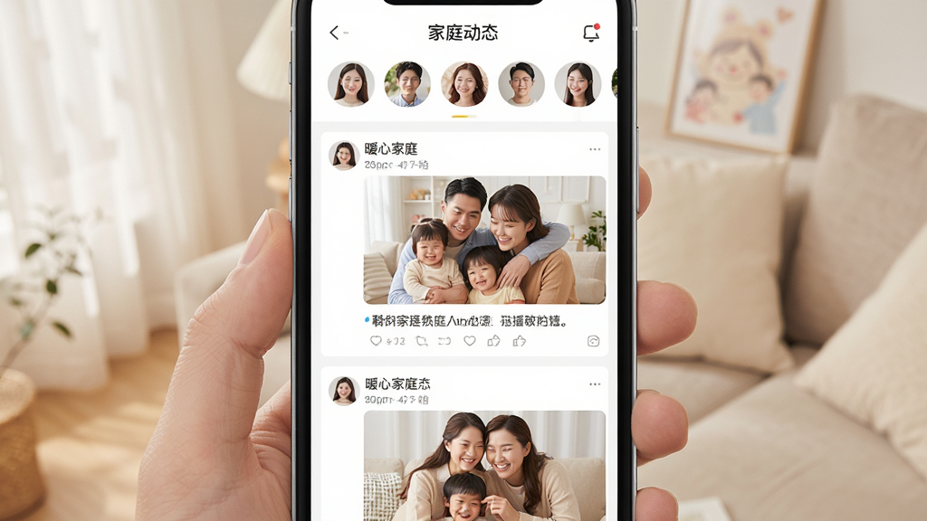 һ�š�ů�ļ�ͥ��App�ļ�ͥ��̬Ȧ����չʾͼ������Ϊ�ֻ���Ļ��ʾ������ͥ��̬��������Ƭ�����֣�����������Ϣ���������м�ͥ��Աͷ�����������ܰ��࣬���ʸɾ��޶���Ԫ��