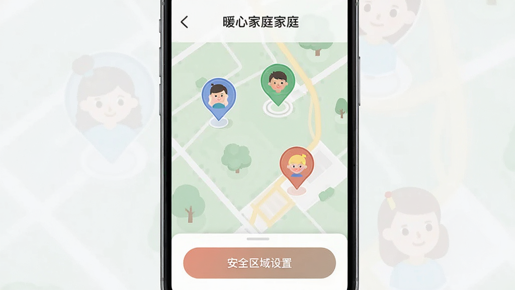 һ�š�ů�ļ�ͥ��App��λ�ù������ܽ���չʾͼ������Ϊ�ֻ���Ļ��ʾ��ͥ��ͼ����ͼ����������ͬ��ɫ��ͷ���Ǵ�������λ�ã��ײ��а�ȫ�������ð�ť����������������ִ���ƽ�����ʸɾ��޶���Ԫ��