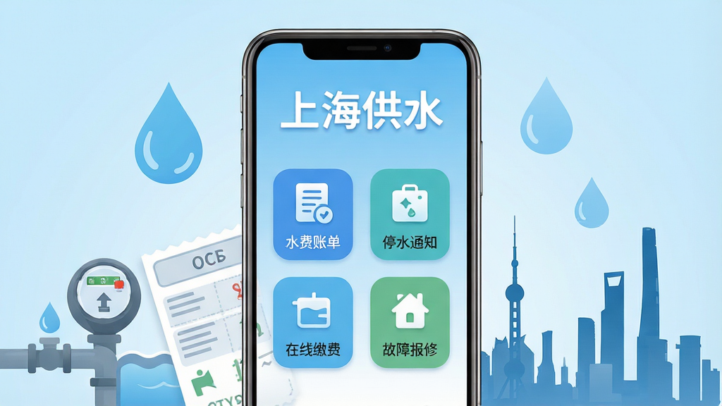 һ��չʾ�Ϻ���ˮApp���Ĺ��ܵ��ֻ�����ϳ�ͼ������������һ���ִ������ֻ����ֻ���Ļ����ʾ���Ϻ���ˮ���ĸ������Լ�ˮ���˵���ͣˮ֪ͨ�����߽ɷѡ����ϱ����ĸ�����ͼ�ꡣ�ֻ���Χ������ˮ�Ρ�ˮ�����˵����Ϻ���������߼�Ӱ��Ԫ�ء������Ǹɾ���ǳ��ɫ���䣬�������ִ���ƽ����ϸ��Բ�󣬻����������޶���Ԫ�ء�