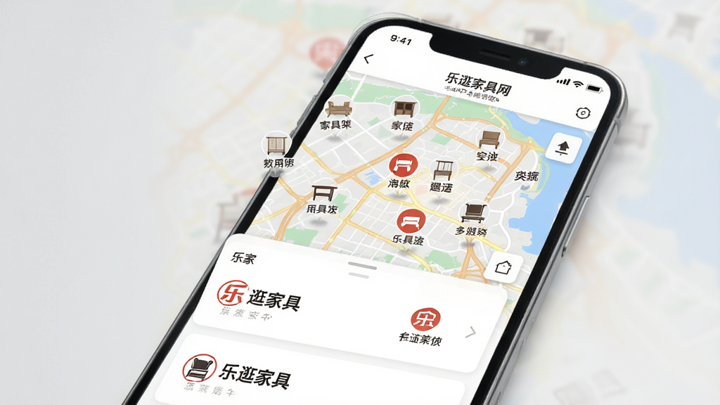 һ��չʾ���ֹ�Ҿ�����APP���ؼҾ߳ǵ�ͼҳ�����ͼ�������������ֻ���Ļ����Ļ��ʾһ�ų��е�ͼ����ͼ���ж���Ҿ߳Ƕ�λͼ�꣬�·����б���Ƭ���Ű�����������ִ���ƽ��ϸ����ͼ�����Ʒ�����ƣ����ʸɾ����޶���Ԫ�أ�����Ϊǳ��ɫ