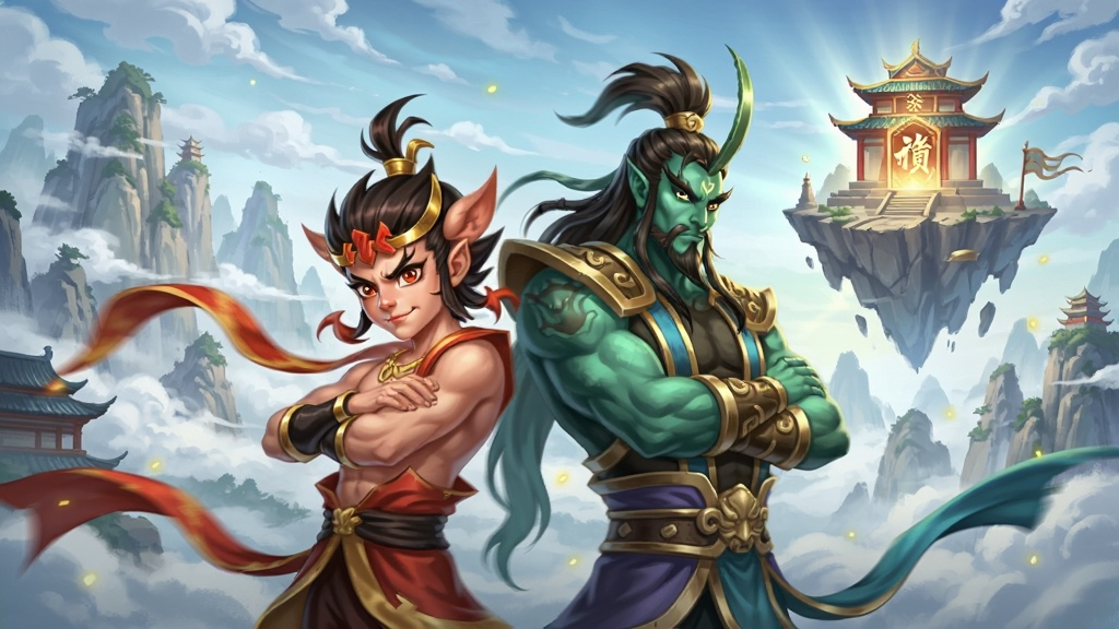 封神幻想世界 游戏主界面 国风二次元风格 哪吒与杨戬背靠背站立 背景是云雾缭绕的仙山与悬浮的封神台 色彩明亮 构图大气 画质干净 无多余元素