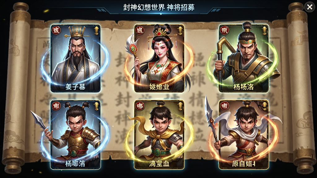 封神幻想世界 神将招募界面 九宫格展示姜子牙、妲己、杨戬、哪吒等角色卡牌 每张卡牌有动态光效 背景是封神榜卷轴展开的样式 界面排版清晰 国风科技感 画质干净