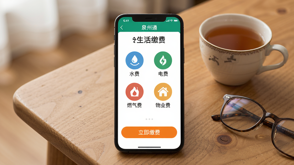 �ֻ���Ļ��ʾ��Ȫ��ͨ��APP������ɷ�ҳ�棬ҳ���м��С�ˮ�ѡ�����ѡ���ȼ���ѡ�����ҵ�ѡ��ĸ�Բ��ͼ�꣬ÿ��ͼ���·��ж�Ӧ������˵����ҳ��ײ���һ����Ŀ�ĳ�ɫ�������ɷѡ���ť���ֻ�������һ��ľ�������ϣ��Ա���һ�����һ���۾���Ӫ��Ӽ�����������дʵ��ů���Ű���У����ʸɾ��޶���Ԫ�ء�