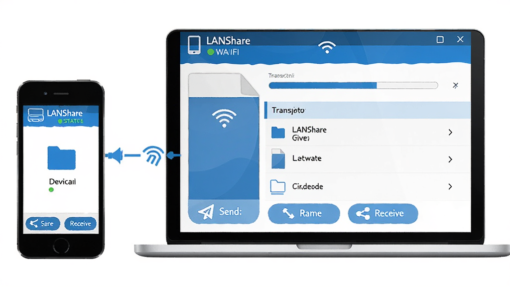 LANShare����������չʾ���ֻ��͵���ͨ��WiFi���Ӵ����ļ��ĳ������������ִ���������ɫ��������ʾ�豸���ƺ�����״̬���м����ļ�������������Ѵ��ļ��б����ײ��з��ͺͽ��հ�ť����ƽ����Ʒ�񣬸ɾ���ˬ���޶���װ��Ԫ�أ����廭��