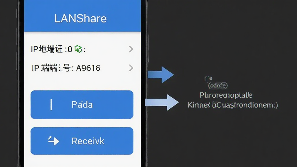 LANShare�ֻ��˲��������ͼ����ʾIP��ַ�Ͷ˿ںţ��·��з��ͺͽ���������ť�������࣬������ɫ�������������Ա��м�ͷָʾ�û������������õ�ַ���������ִ���ƽ