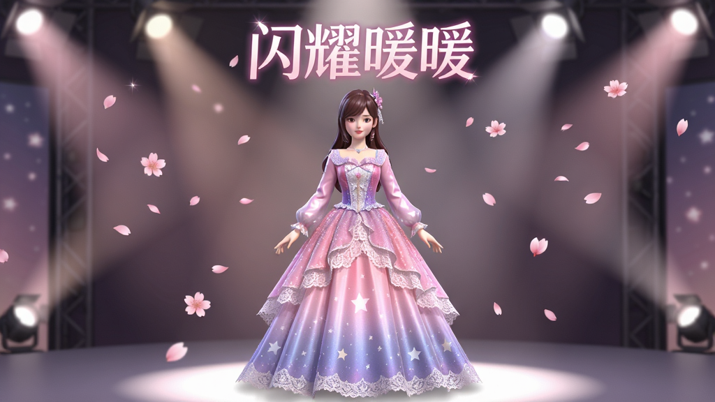 ����������һ��������3D����Ů�Խ�ɫվ����̨���룬���������ķ�ɫ�����ǿճ�ȹ��ȹ����ϸ�����˿����Ƭϸ�ڣ���Χ��������͵ľ۹�ƺ�Ʈ���ӣ�����ꡣ���ֲ��������ֻ���Ļ��������ɫλ�ڻ������м䣬�Ϸ����״��з���������֡���ҫůů�����Ű�ɾ��������Ψ���λõ�3D CG��Ⱦ�磬ϸ����Ҫ���·�������˿�񷴹�кͰ�͸����ɴ��Σ����ʳ����壬�ɾ����޶���Ԫ�ء�