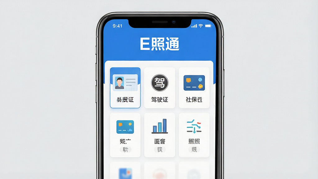 һ��չʾE��ͨApp�������ͼƬ�������������ֻ���Ļ����Ļ����ʾE��ͨӦ�õ���ҳ�������С�E��ͨ�������ֵ�Logo���·����������еĵ���֤�տ�Ƭͼ�꣬��������֤����ʻ֤���籣���ȣ�������������ɫΪ����������ִ��������Ǵ�ɫǳ�ң����������ɾ����޶���Ԫ��