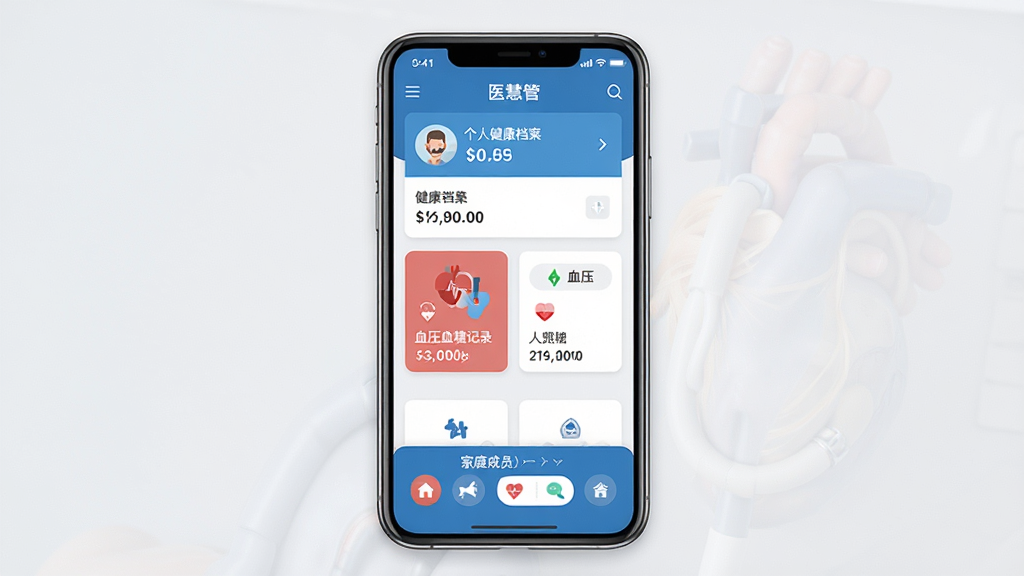 一张展示医慧管手机应用主界面的图片,画面中央是一部现代智能手机,屏幕上显示医慧管APP的首页,顶部有个人健康档案卡片,中间是血压血糖记录快捷入口,底部是家庭成员切换栏,整体布局简洁清晰,蓝白配色,扁平化设计风格,背景是干净的浅灰色,画质清晰干净,无多余元素