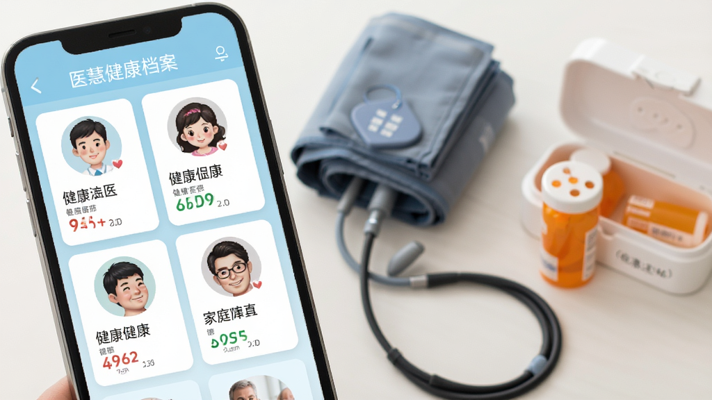 一张展示医慧管家庭健康档案功能的图片,画面中一部手机屏幕显示多个家庭成员的头像卡片,每张卡片下方有健康数据摘要,旁边有血压计和药盒作为装饰元素,整体风格温馨简洁,配色以浅蓝和白色为主,画质清晰干净,无多余元素