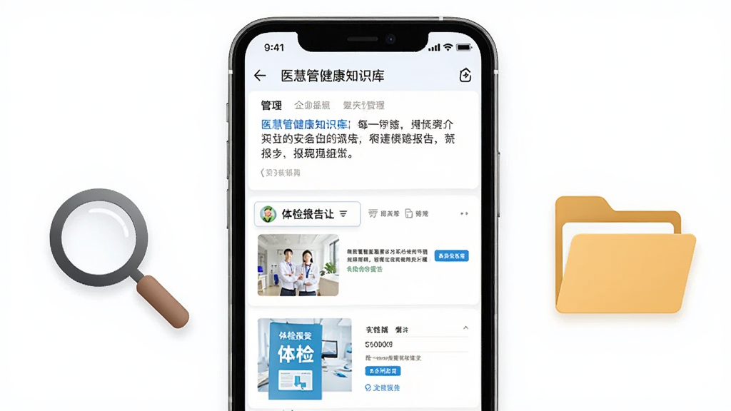 一张展示医慧管健康知识库和报告管理界面的图片,手机屏幕显示文章列表和体检报告缩略图,旁边有放大镜和文件夹图标作为辅助元素,背景为干净的白色,风格现代简约,画质清晰干净,无多余元素
