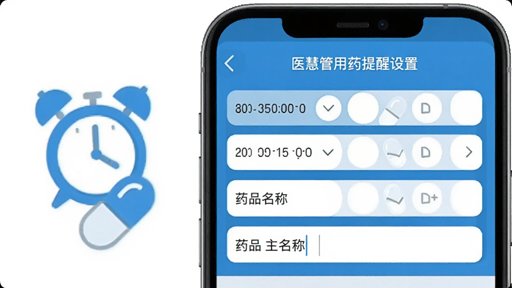 一张展示医慧管用药提醒设置界面的图片,手机屏幕显示多个提醒时间选项和药品名称输入框,旁边有一个闹钟图标和药丸图标作为装饰,整体风格清晰直观,蓝白配色,画质干净,无多余元素